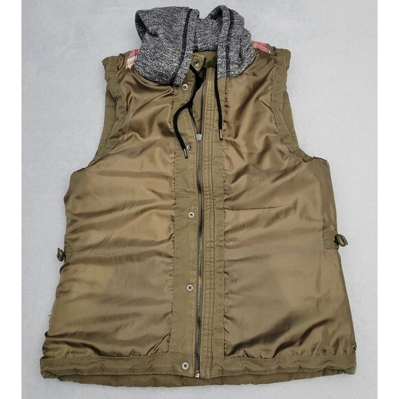 Love Tree Womens Hooded Puffer Vest Large Olive Drab Black White Hood - Picture 3 of 8